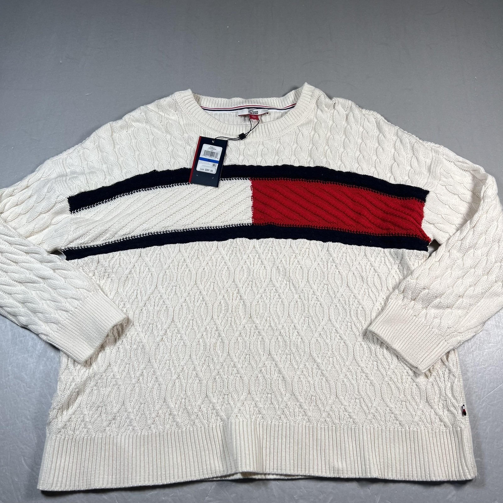 Tommy Hilfiger Sweater Womens Xl White Red Blue Cable Knit Pullover Crewneck